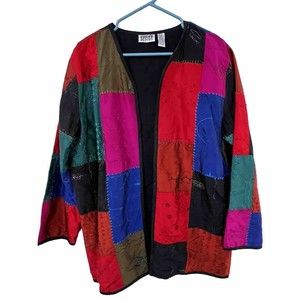 BEAUTIFUL Vtg CHICO'S Size 2 (LARGE)Silk Embroidered Patchwork Open Front Jacket
